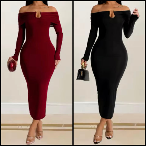 Women Sexy Solid Color Off The Shoulder Full Sleeve Maxi Dress