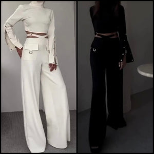 Women Turtleneck Button Full Sleeve Crop Two Piece Pant Set