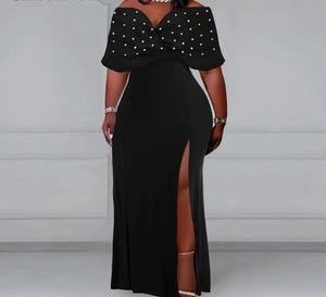 Women Sexy Off The Shoulder Bling Patchwork Side Split Maxi Dress