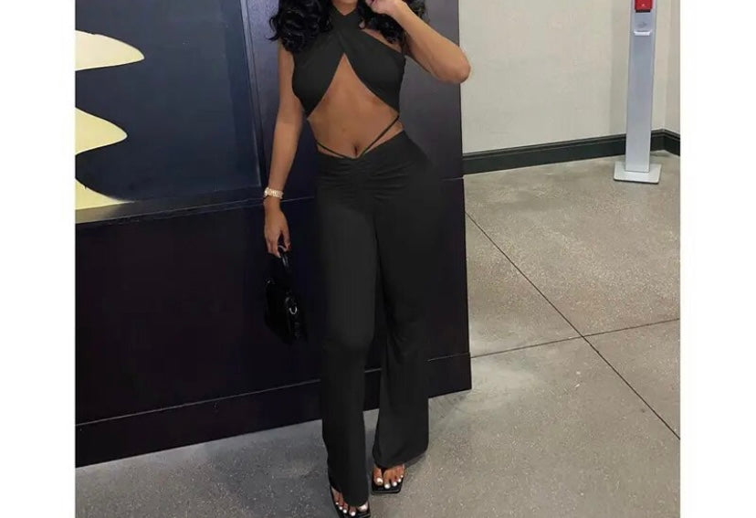 Women Sexy Solid Color Halter Sleeveless Two Piece Pant Set