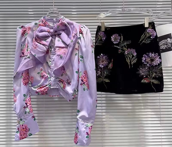 Women Floral Bow Full Sleeve Two Piece Embroidered Skirt Set