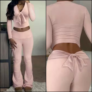 Women Bow Pink Full Sleeve Fashion Two Piece Pant Set