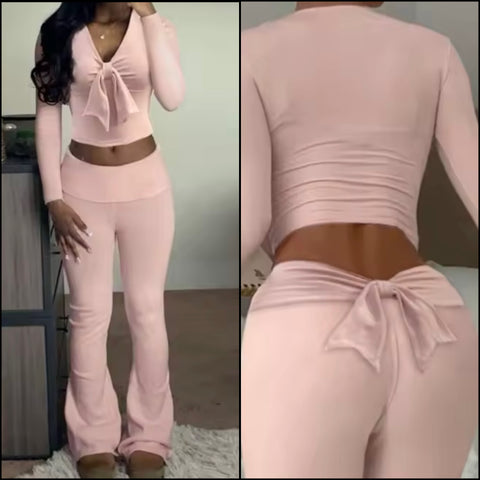 Women Bow Pink Full Sleeve Fashion Two Piece Pant Set