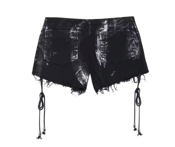 Women Fashion Rivet Tie Up Ripped Denim Shorts