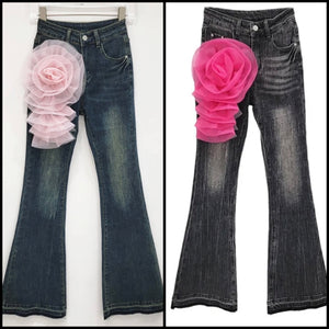 Women Fashion Color Floral Denim Boot Cut Pants