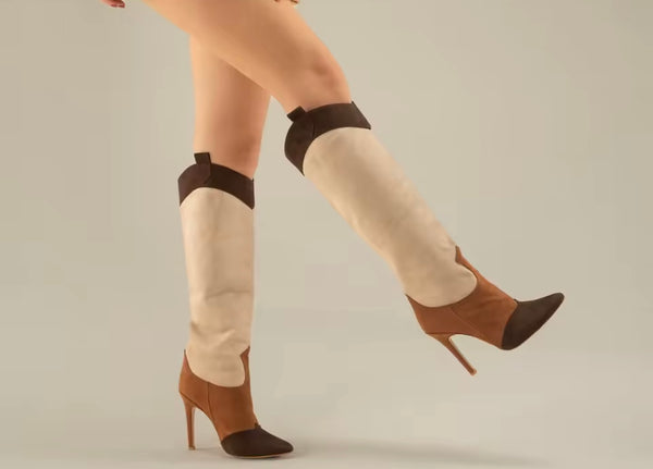 Women Fashion Color Patchwork Suede High Heel Boots