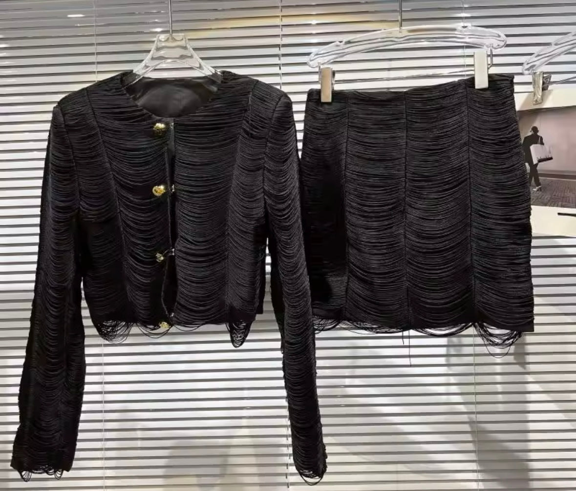 Women Fashion Button Up Tassel Design Full Sleeve Two Piece Skirt Set