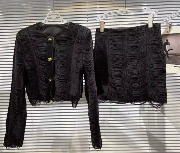 Women Fashion Button Up Tassel Design Full Sleeve Two Piece Skirt Set