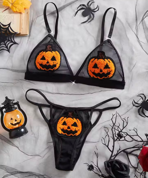 Women Sexy Black Pumpkin Mesh Lingerie Set