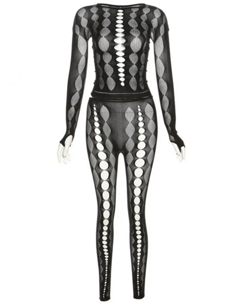 Women Black Sexy Full Sleeve See Through Two Piece Pant Set