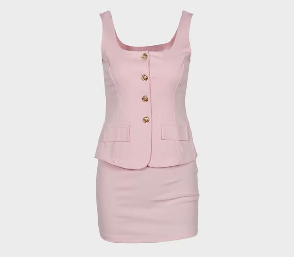 Women Sleeveless Button Up Blazer Sexy Two Piece Skirt Set