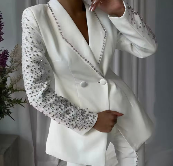 Women White Rhinestone Button Up Blazer Two Piece Split Pant Set