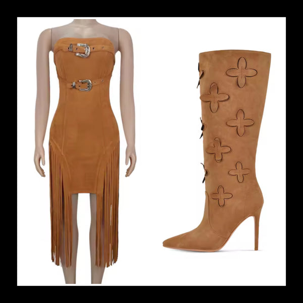 Women Sexy Buckled Strapless Fringe Tassel Suede Dress