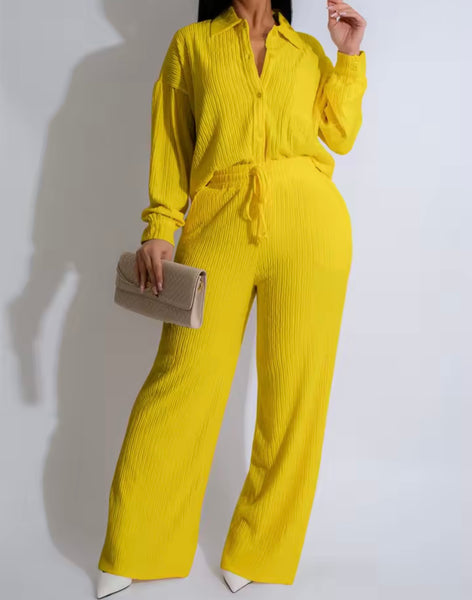 Women Button Up Ribbed Full Sleeve Two Piece Pant Set
