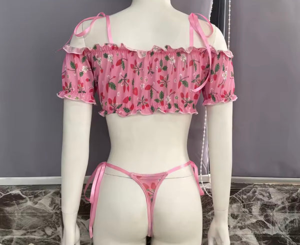Women Sexy Pink Floral Off The Shoulder Mesh Lingerie Set
