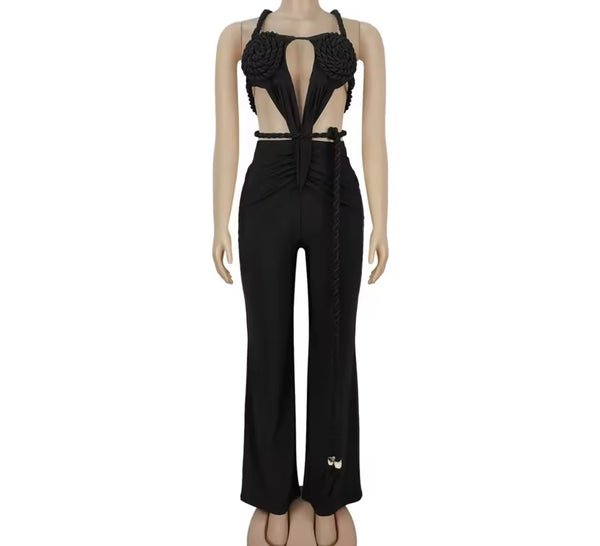 Women Sexy Sleeveless Open Back Tassel Two Piece Pant Set