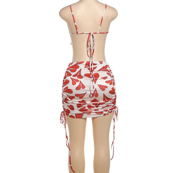 Women Sexy Heart Print Halter Sleeveless Two Piece Skirt Set