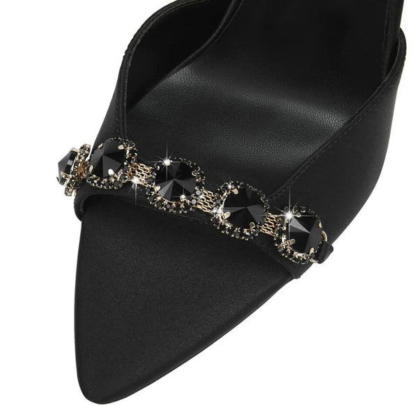 Women Black Bling Open Toe Ankle Strap High Heels