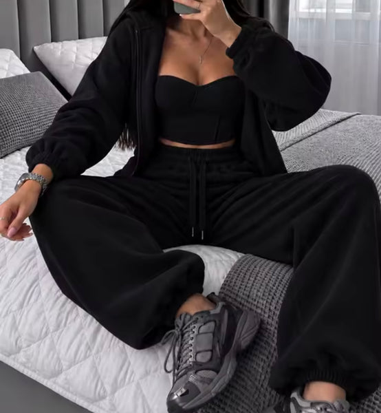 Women Color Hooded Fashion Three Piece Tracksuit Pant Set