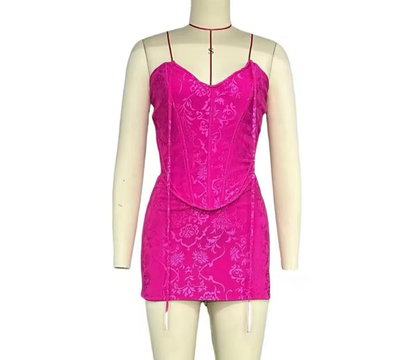 Women Sexy Strapless Color Corset Two Piece Skirt Set