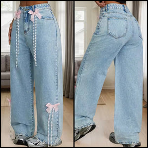 Women Fashion Denim Pink Bow Pearl Tassel Pants