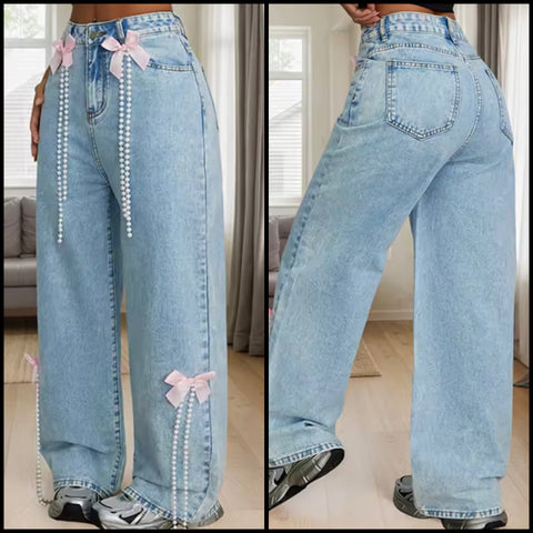 Women Fashion Denim Pink Bow Pearl Tassel Pants