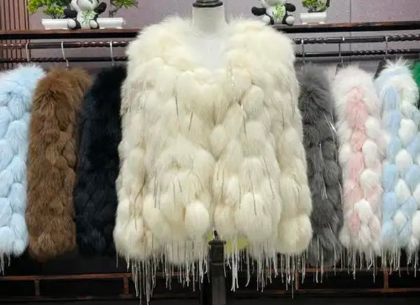 Women Fashion Faux Fur Bling Tassel Jacket