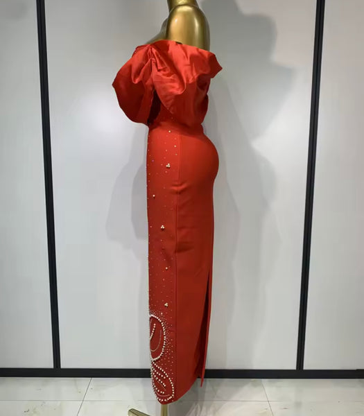 Women Red Sexy Strapless Pearl Rhinestone Maxi Dress