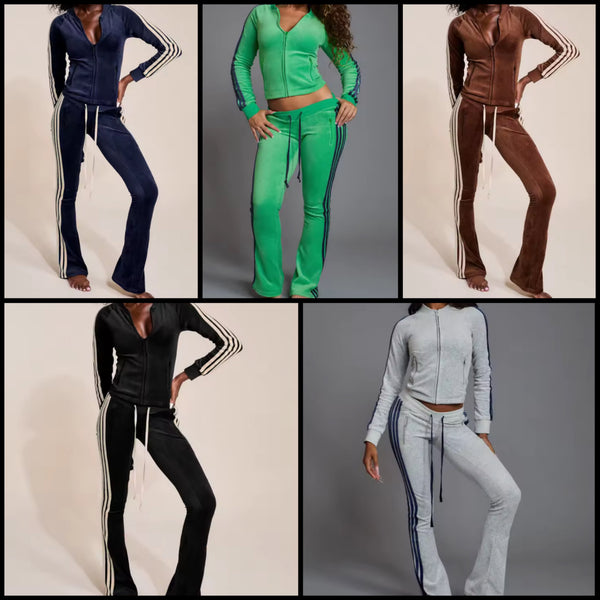 Women Fashion Velour Striped Zip Up Tracksuit Two Piece Pant Set