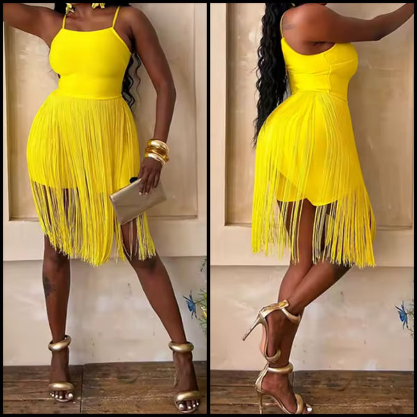 Women Yellow Sleeveless Sexy Fringe Tassel Romper