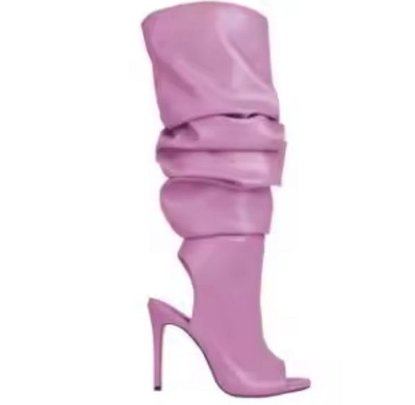 Women Open Toe Ruffle Faux Leather High Heel Fashion Boots