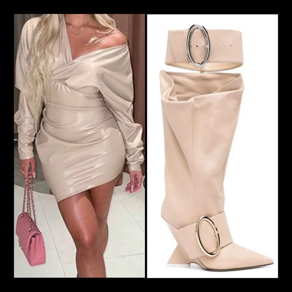 Women Pointed Toe Buckled Platform Wedge Faux Leather Boots
