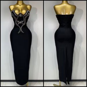 Women Sexy Strapless Crystal Rhinestone Black Maxi Dress