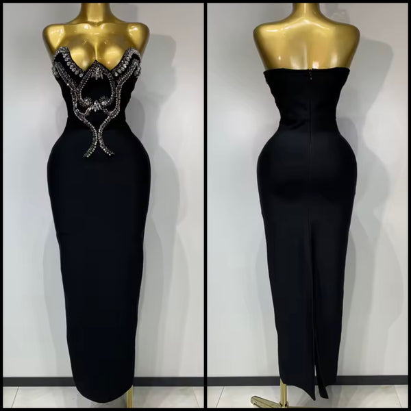 Women Sexy Strapless Crystal Rhinestone Black Maxi Dress