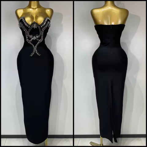 Women Sexy Strapless Crystal Rhinestone Black Maxi Dress