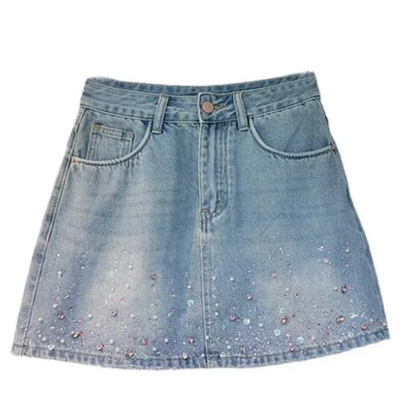Women Blue Fashion Beaded Bling Denim Skirt