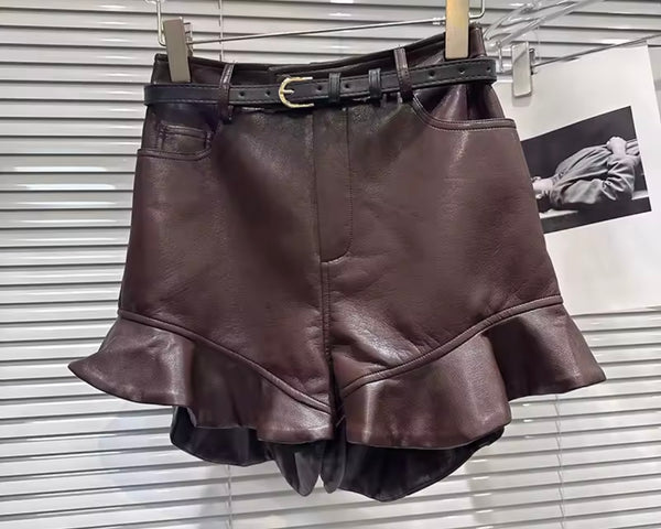 Women Brown Bow Button Up Full Sleeve Two Sleeve Ruffled Short Set