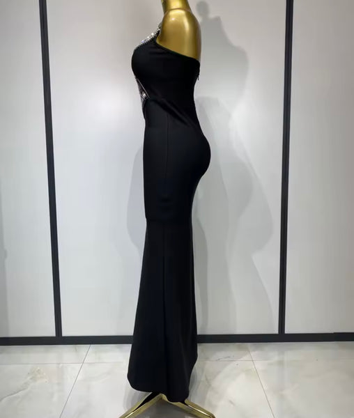 Women Black Rhinestone Sexy Strapless Maxi Dress