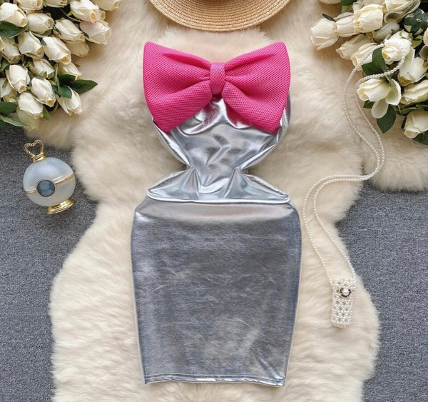 Women Sexy Strapless Silver Pink Bow PU Dress