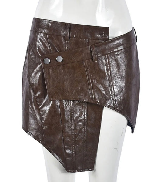 Women Sexy Fashion Brown Faux Leather Button Short Skirt