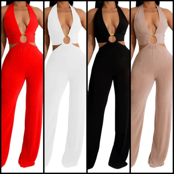 Women Sexy Sleeveless Solid Color Open Tie Up Back Jumpsuit