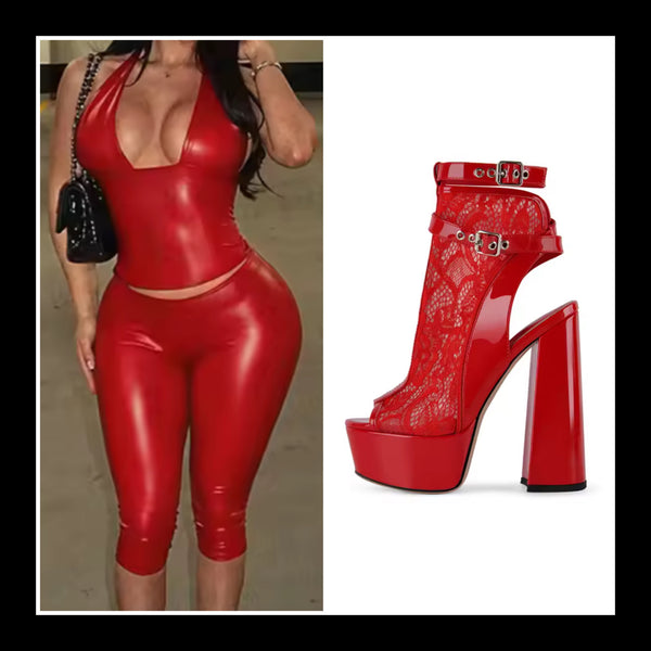 Women Sexy Halter Sleeveless PU Two Piece Capri Pant Set