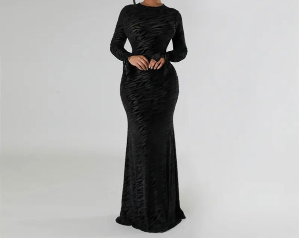 Women Sexy Mesh Patchwork Full Sleeve Open Back Velour Maxi Dress