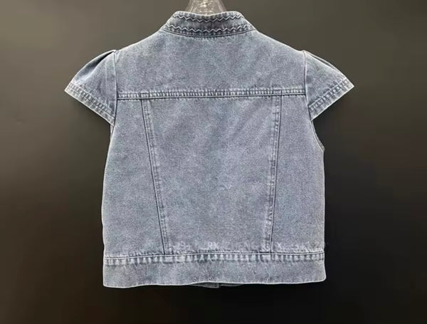 Women Denim Rhinestone Button Up Two Piece Skirt Set
