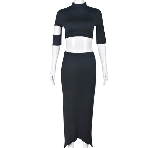 Women Black Sexy Short Sleeve Cut Out Lace Up Two Piece Skirt Set