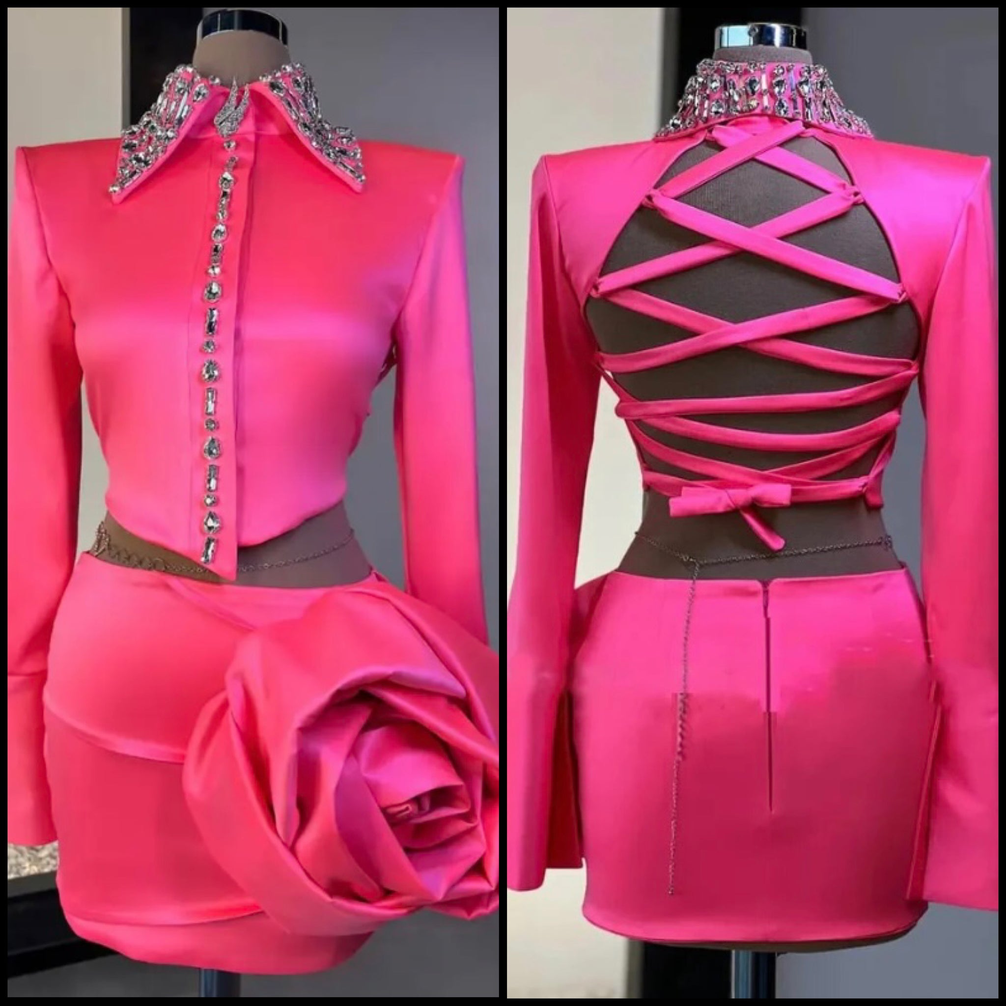 Women Sexy Pink Rhinestone Crystal Full Sleeve Two Piece Skirt Set