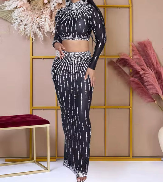 Women Sexy Bling Turtleneck Full Sleeve Crop Two Piece Maxi Skirt Set