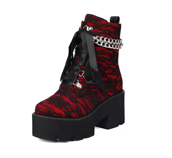 Women Fashion Lace Chain Platform Ankle Boots