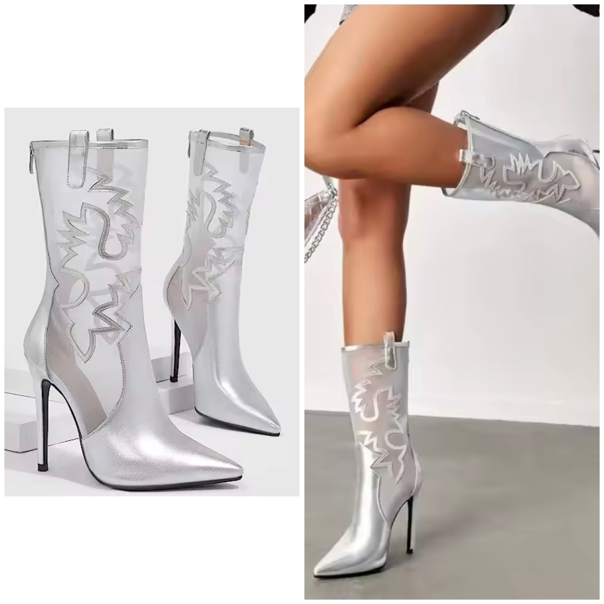 Women Fashion Silver Mesh High Heel Ankle Boots