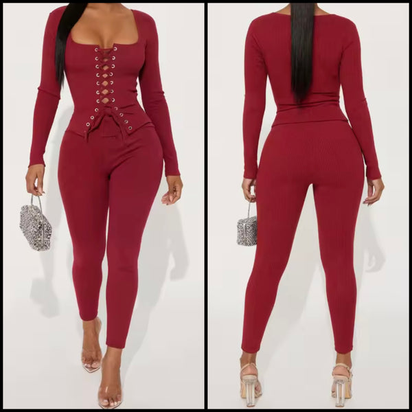 Women Fashion Lace Up Corset Full Sleeve Two Piece Pant Set